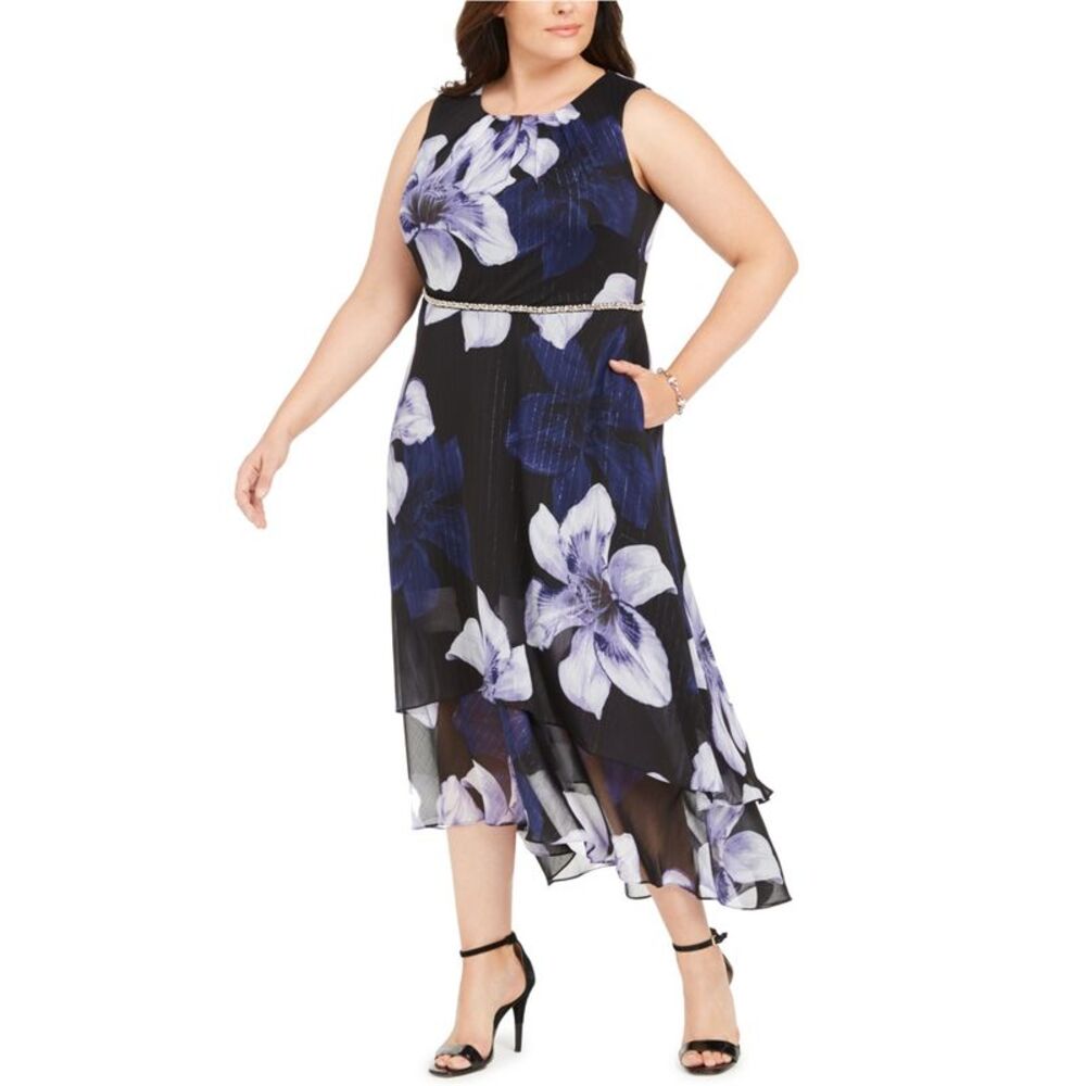 S.L. Fashions Womens Floral Fit & Flare Dress, Black, Plus Size, 22W, DM